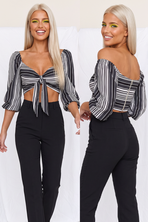 Γυναικείο cropped top με ρίγες, δέσιμο και balloon μανίκια KAVENA BLACK, Χρώμα: μαύρο και άσπρο, IVET.EU - Εκπτώσεις έως -80%