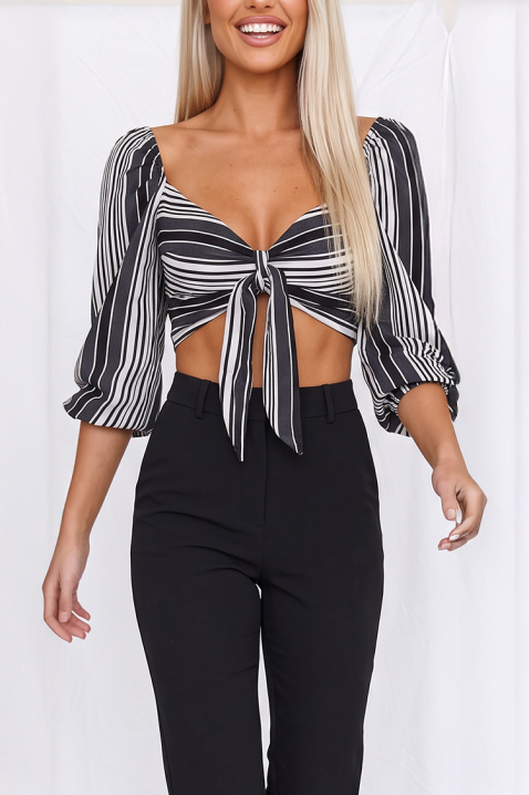 Γυναικείο cropped top με ρίγες, δέσιμο και balloon μανίκια KAVENA BLACK, Χρώμα: μαύρο και άσπρο, IVET.EU - Εκπτώσεις έως -80%