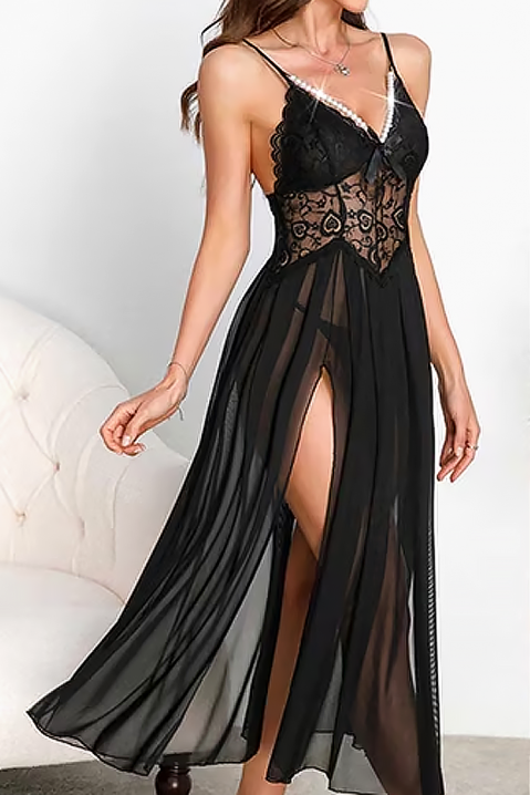 Delicate long nightdress with lace bodice and striking slits VELAMIRIA BLACK