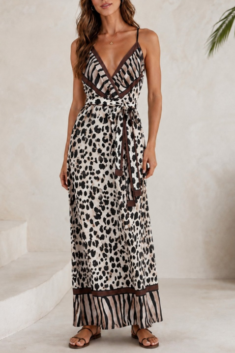 Μακρύ φόρεμα με animal print και ζώνη στη μέση OMAIDA, Χρώμα: λεοπάρ, IVET.EU - Εκπτώσεις έως -80%