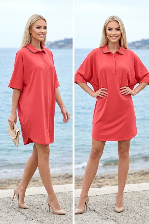 Κοντό χαλαρό φόρεμα με γιακά PURIETA CORAL, Χρώμα: κοραλί, IVET.EU - Εκπτώσεις έως -80%