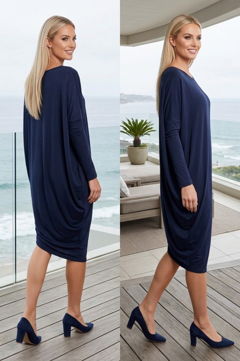 Ελεύθερο μίντι φόρεμα με oversize γραμμή και μακριά μανίκια IMERINIA NAVY, Χρώμα: σκούρο μπλε, IVET.EU - Εκπτώσεις έως -80%