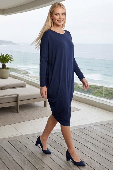Ελεύθερο μίντι φόρεμα με oversize γραμμή και μακριά μανίκια IMERINIA NAVY, Χρώμα: σκούρο μπλε, IVET.EU - Εκπτώσεις έως -80%