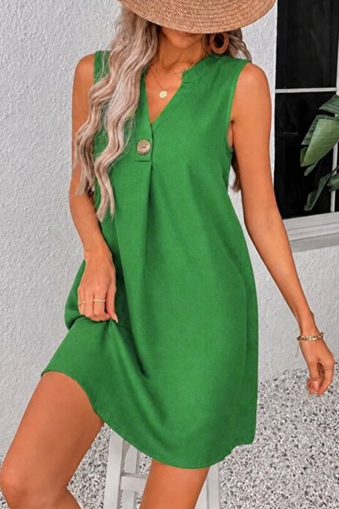Κοντό φόρεμα με άνετη γραμμή και V ντεκολτέ με διακοσμητικό κουμπί TAILORNIA GREEN, Χρώμα: πράσινο, IVET.EU - Εκπτώσεις έως -80%