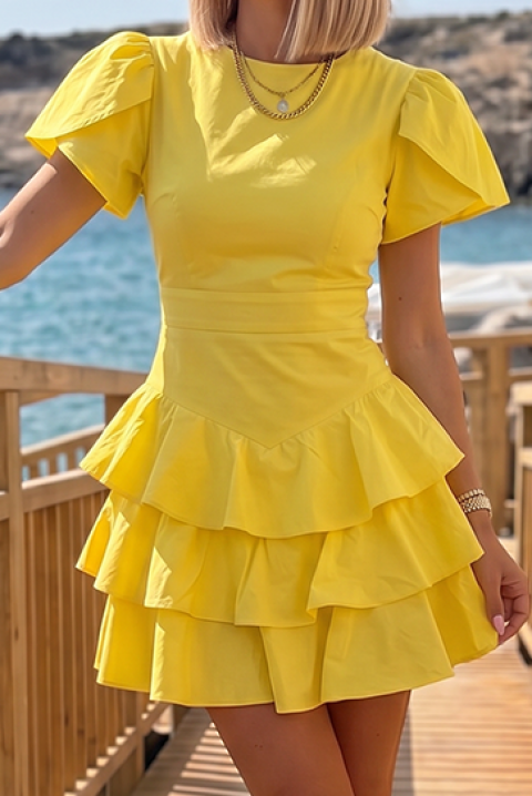 Κοντό φόρεμα με τονισμένη μέση και βολάν ZOLVENA YELLOW, Χρώμα: κίτρινο, IVET.EU - Εκπτώσεις έως -80%