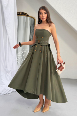 κομψό μακρύ ασύμμετρο φόρεμα με εφέ κορσέ FLORENTIA KHAKI