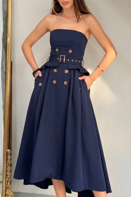 κομψό μακρύ ασύμμετρο φόρεμα με εφέ κορσέ FLORENTIA NAVY