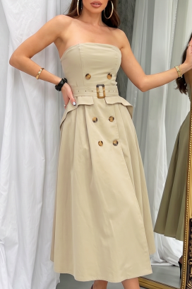 κομψό μακρύ ασύμμετρο φόρεμα με εφέ κορσέ FLORENTIA BEIGE