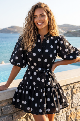 φόρεμα με πουά μοτίβο και φουσκωτά μανίκια SUNY BLACK