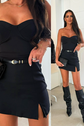 κομψή κοντή φούστα με σκίσιμο και ζώνη ZENDAIA BLACK