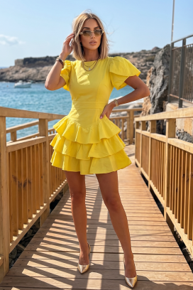 κοντό φόρεμα με τονισμένη μέση και βολάν ZOLVENA YELLOW