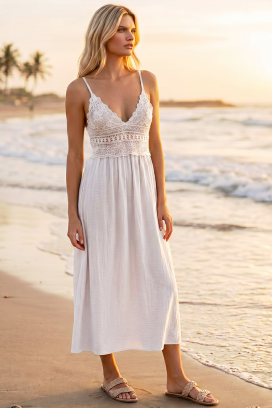 καλοκαιρινό midi φόρεμα σε boho στυλ με πλεκτό μπούστο SOLANIA WHITE