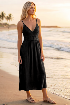 καλοκαιρινό midi φόρεμα σε boho στυλ με πλεκτό μπούστο SOLANIA BLACK
