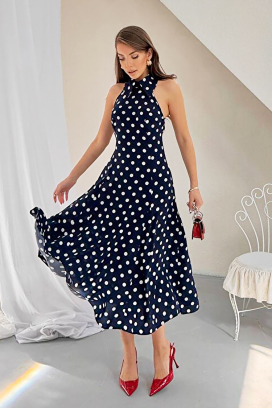 μίντι πουά φόρεμα με ανοιχτή πλάτη και κομψή σιλουέτα NOVENTRA NAVY