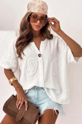 αέρινο λινό πουκάμισο σε χαλαρή γραμμή και boho στυλ MEGLENA WHITE