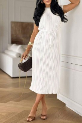 μίντι πλισέ φόρεμα με ζώνη LORETIA WHITE