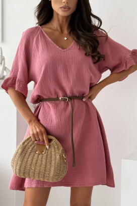 αέρινο βαμβακερό κοντό φόρεμα με ζώνη AMELINTA PINK