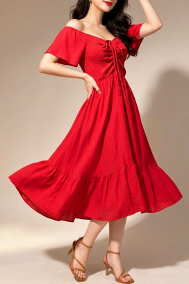 κλος μίντι φόρεμα με ελαστικές σούρες VELATINA RED