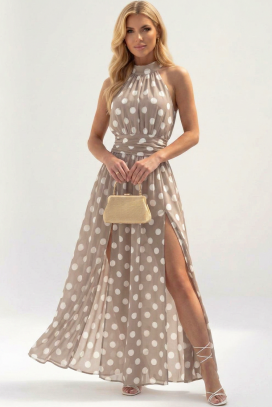μακρύ αέρινο πουά φόρεμα με halter λαιμόκοψη TENESIANA BEIGE