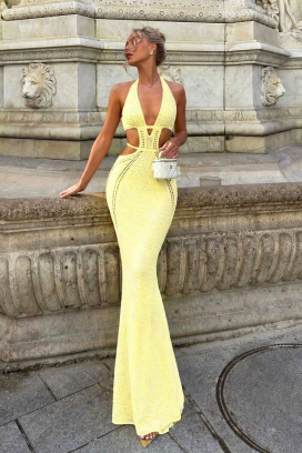 μακρύ πλεκτό φόρεμα παραλίας με ανοίγματα KRESTINA YELLOW