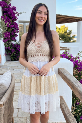 μίνι δαντελένιο φόρεμα σε boho στυλ JACIRA BEIGE